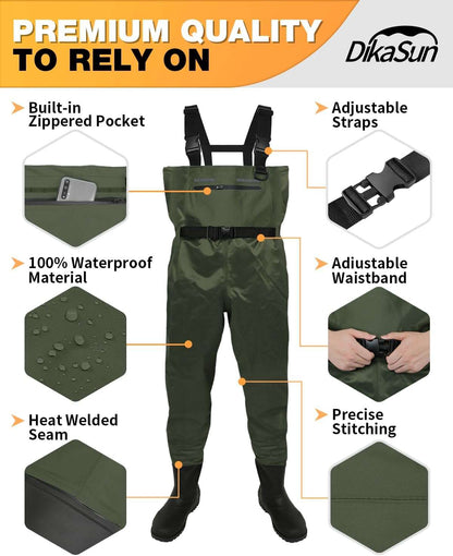 DikaSun Chest Waders with Boots dark green lightweight bootfoot waders with adjustable straps on Tampa Home & Garden Store