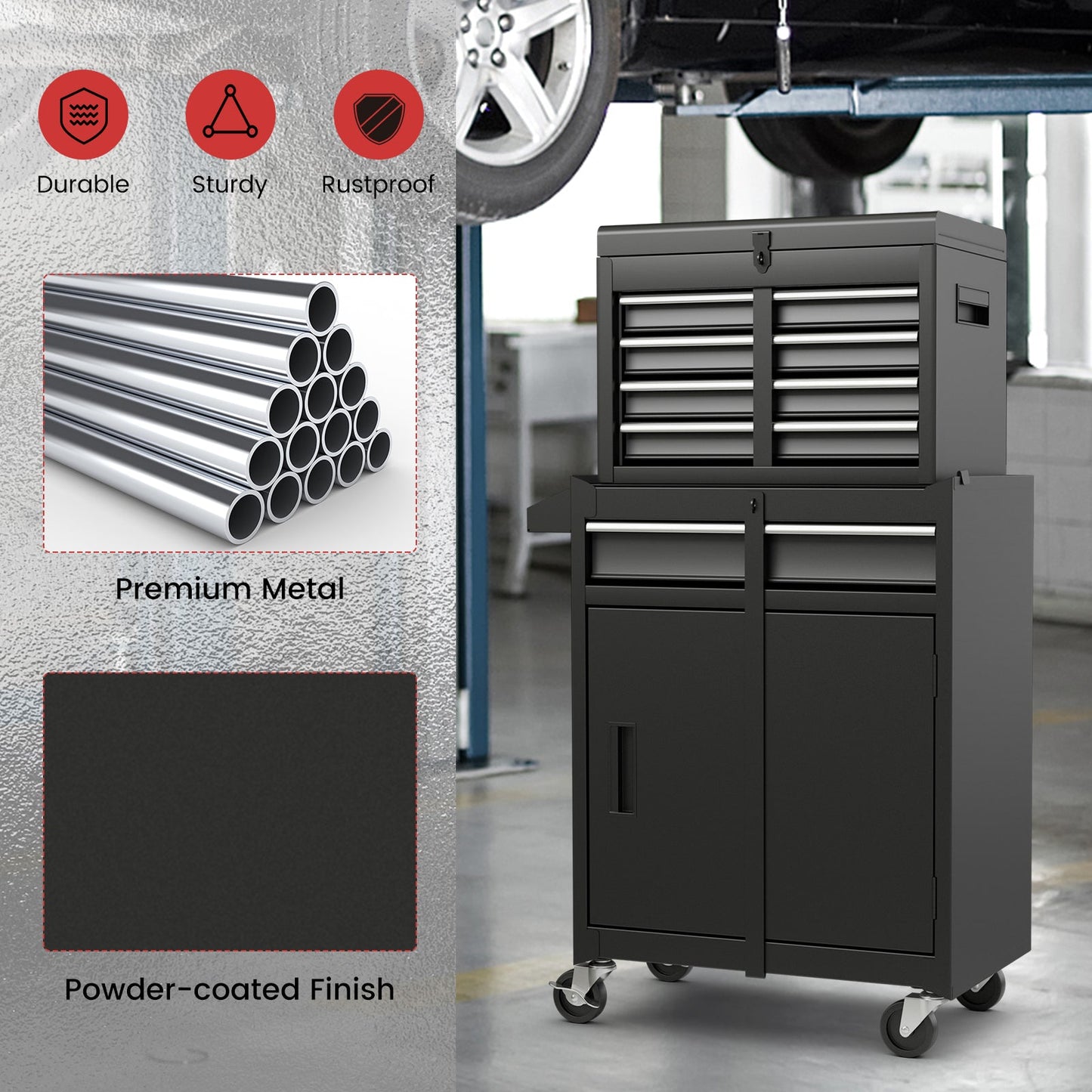 2-in-1 Tool Chest and Cabinet with 5 Sliding Drawers-Black