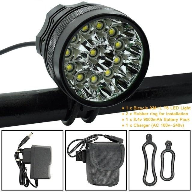 Stevvex 2-in-1 bicycle headlamp with 16-LED XM-L T6 array in black housing; battery pack included on Tampa Home & Garden Store