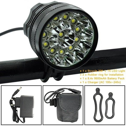 Stevvex 2-in-1 bicycle headlamp with 16-LED XM-L T6 array in black housing; battery pack included on Tampa Home & Garden Store