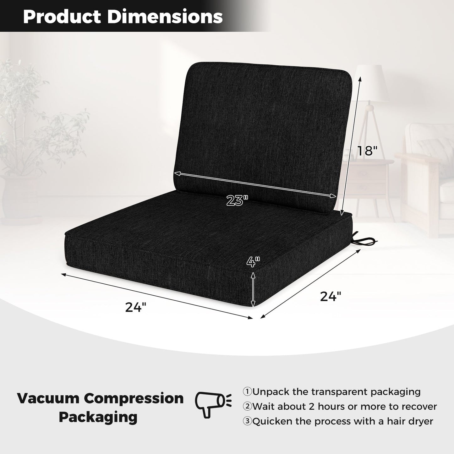 Juego de 2 cojines para patio exterior con fundas extraíbles - Negro