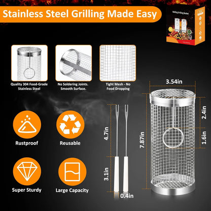 Rolling Grill Basket Stainless Steel for Outdoor