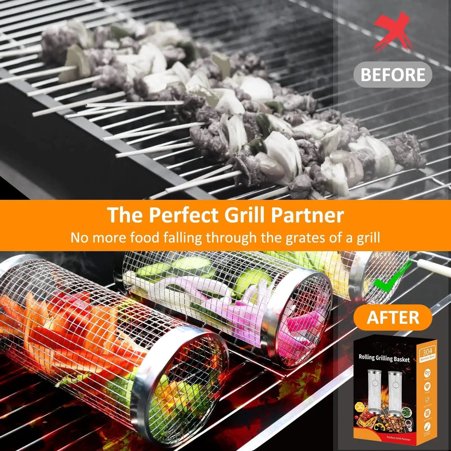 Rolling Grill Basket Stainless Steel for Outdoor