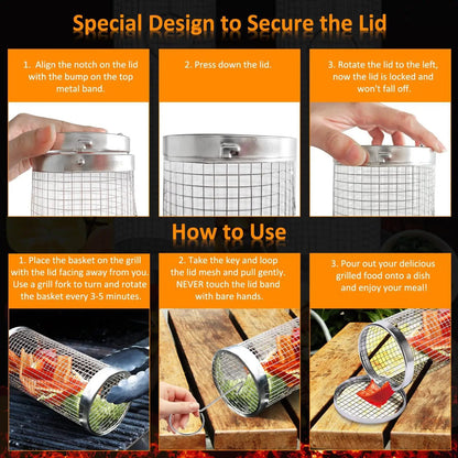 Rolling Grill Basket Stainless Steel for Outdoor
