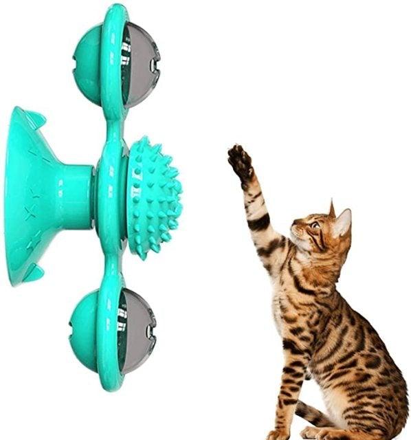 2-pc turquoise interactive cat toy windmill with rotating spiked brush and suction cups on Tampa Home & Garden Store
