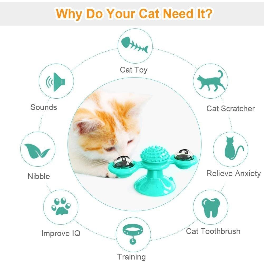 Stevvex 2-pc teal windmill interactive cat toy set with rotating table and suction cups on Tampa Home & Garden Store