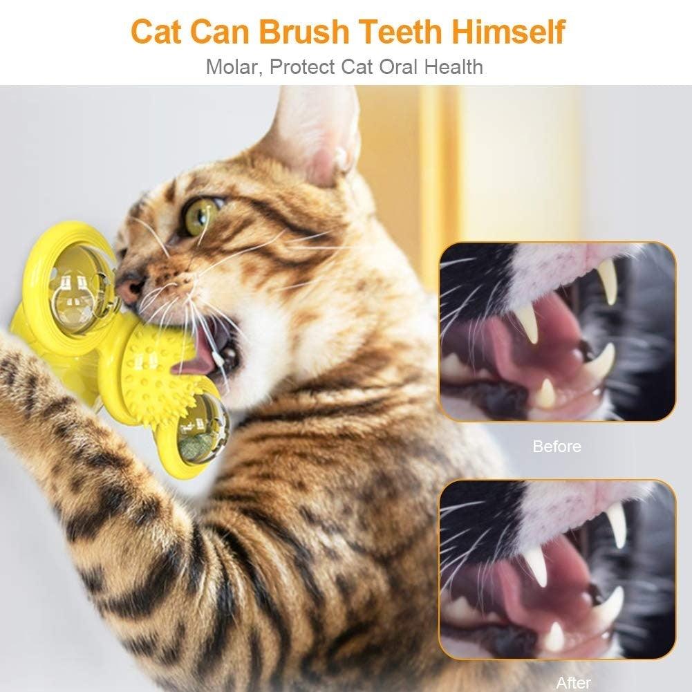 Stevvex 2‑pc yellow interactive cat windmill toy with suction cups; grooming brush for play on Tampa Home & Garden Store