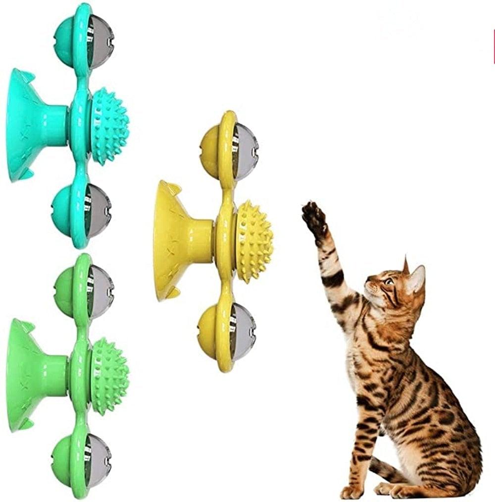Stevvex 2pc interactive cat toy windmill with rotating brushes and suction cups in green on Tampa Home & Garden Store