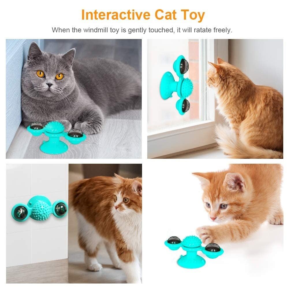 2pc interactive cat toy windmill Stevvex turquoise with suction cups for scratching and grooming on Tampa Home & Garden Store