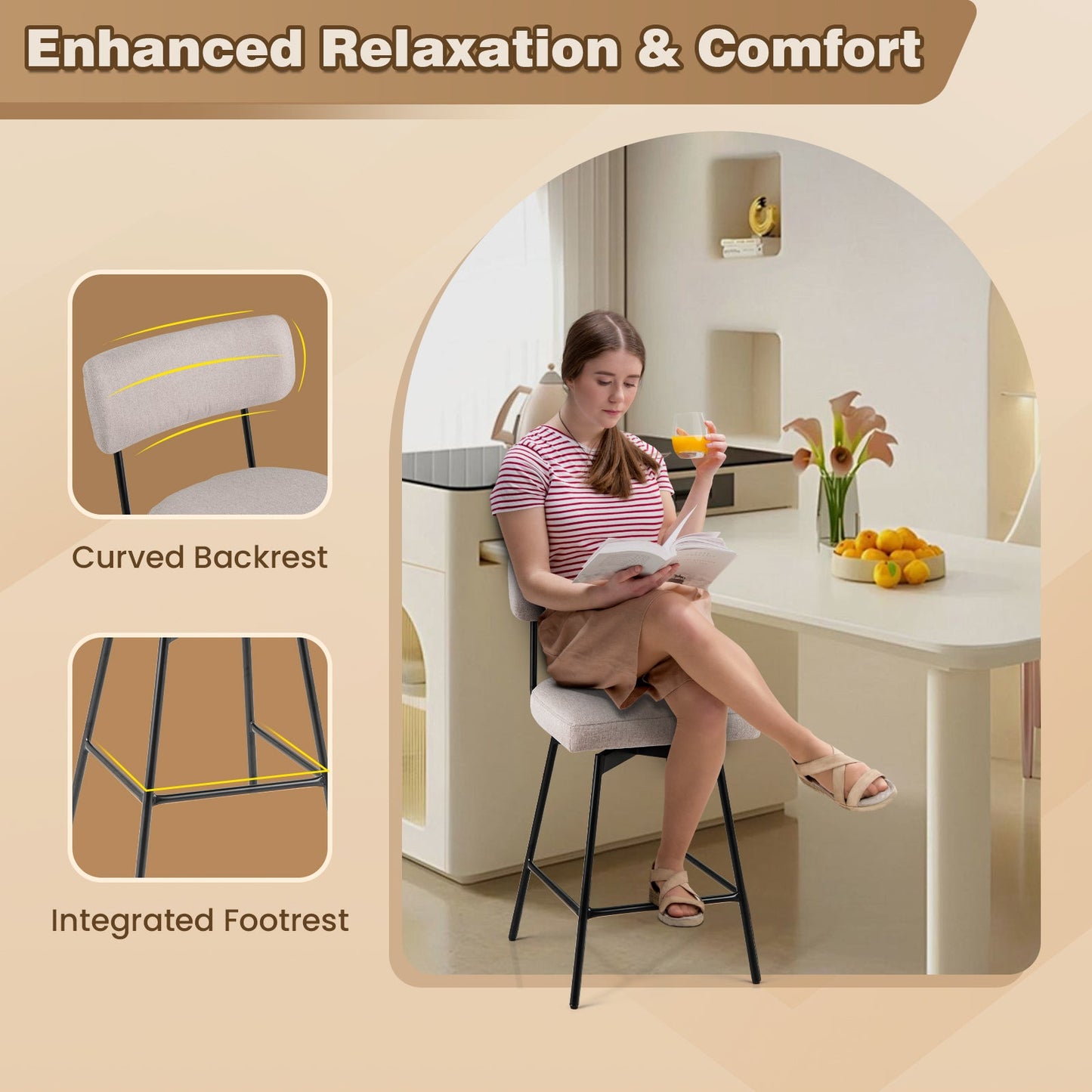 25 Inch 2-Piece Modern Upholstered Bar Stools with Back and Footrests-Beige