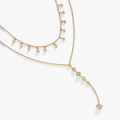 Two-Layered Princess Cut Crystal Necklace, Alex and Ani, gold-tone with square crystal charms on Tampa Home & Garden Store