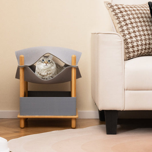 2-Tier Wooden Cat House with Semi-enclosed Condo and Removable Clothes-Gray - Tampa Home & Garden Store