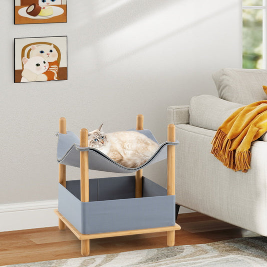 2-Tier Wooden Cat House with Semi-enclosed Condo and Removable Clothes-Gray - Tampa Home & Garden Store