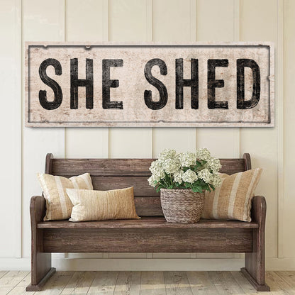 She Shed V canvas sign by Tailored Canvases; distressed beige rustic wall decor on Tampa Home & Garden Store
