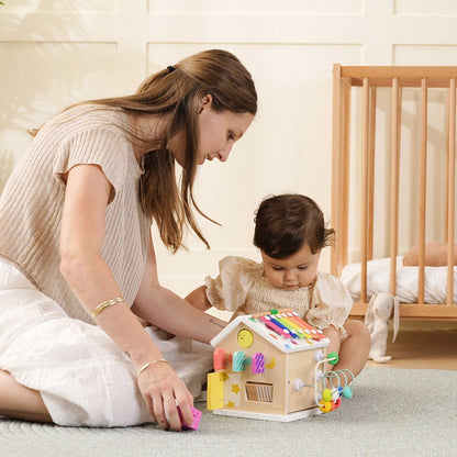 Tiny Land Cottage Activity Cube Rainbow wooden baby activity toy with colorful beads and knobs on Tampa Home & Garden Store