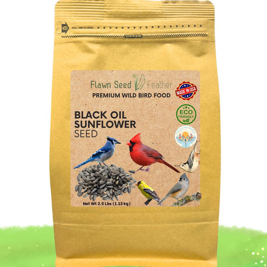 Premium Black Oil Sunflower Bird Seed bag by Flawn Seed Kits with four birds on label on Tampa Home & Garden Store