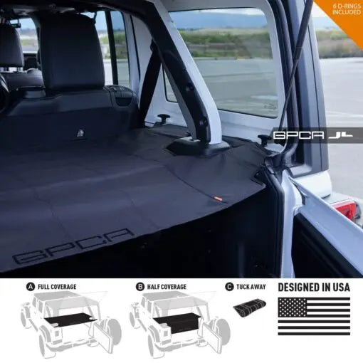 GPCA Jeep Wrangler JL 4DR Cargo Cover LITE, black with full/half coverage and 6 D-rings on Tampa Home & Garden Store