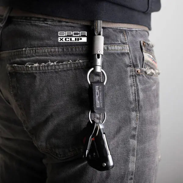 GPCA X-Clip Keychain Set black nylon strap with metal clips attached to jeans belt loop on Tampa Home & Garden Store