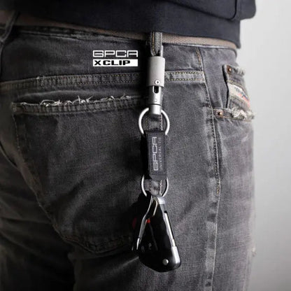 GPCA X-Clip Keychain Set black nylon strap with metal clips attached to jeans belt loop on Tampa Home & Garden Store