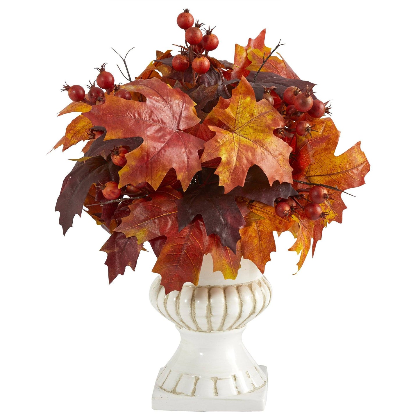 20” Autumn Maple Leaf and Berries Artificial Plant in White Urn - Tampa Home & Garden Store