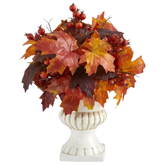 20” Autumn Maple Leaf and Berries Artificial Plant in White Urn - Tampa Home & Garden Store