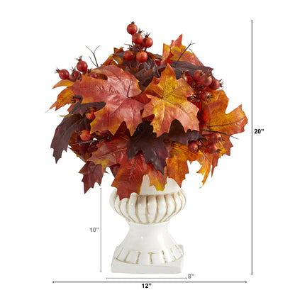 20” Autumn Maple Leaf and Berries Artificial Plant in White Urn - Tampa Home & Garden Store