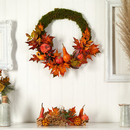 20” Autumn Pumpkin, Gourd and Fall Maple Leaf Artificial Wreath - Tampa Home & Garden Store