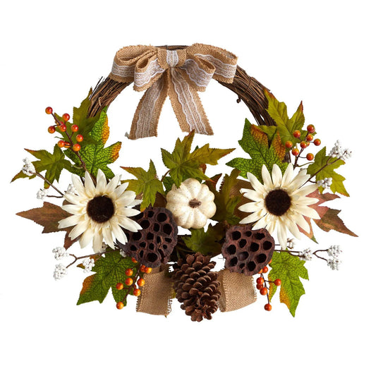 Autumn Sunflower and White Pumpkin Wreath on grapevine with burlap bow and pumpkins on Tampa Home & Garden Store