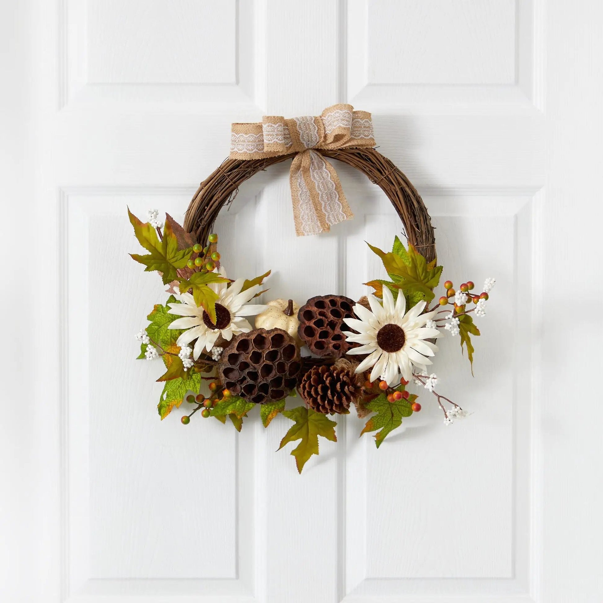 20” Autumn Sunflower, White Pumpkin and Dried Lotus Pod Artificial Fall Wreath with Decorative Bow - Tampa Home & Garden Store