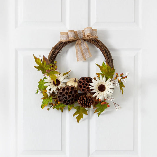 Autumn Sunflower and White Pumpkin Wreath with burlap lace bow, seed pods, fall foliage on Tampa Home & Garden Store