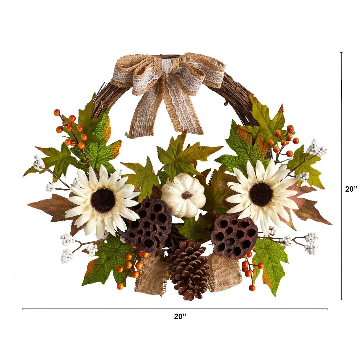 20” Autumn Sunflower, White Pumpkin and Dried Lotus Pod Artificial Fall Wreath with Decorative Bow - Tampa Home & Garden Store