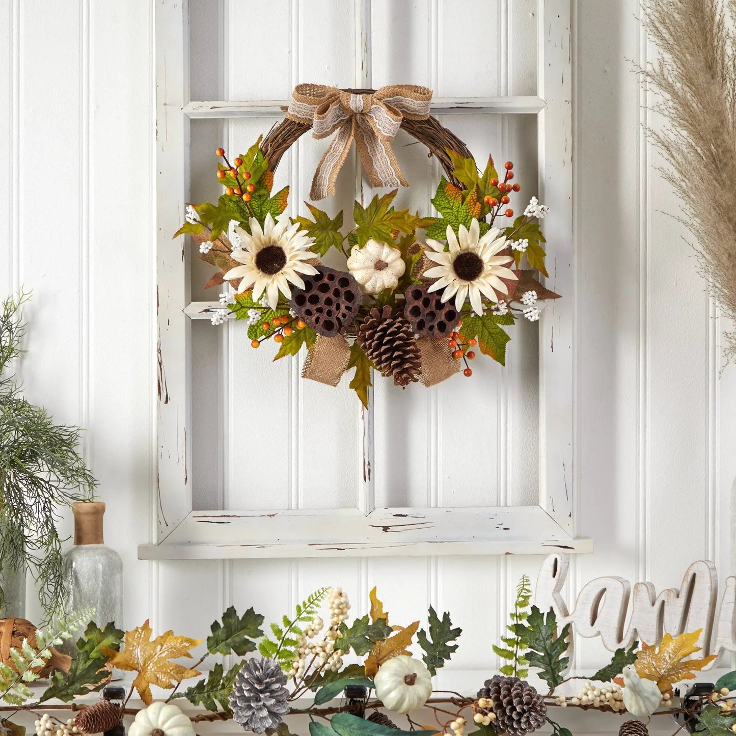 20” Autumn Sunflower, White Pumpkin and Dried Lotus Pod Artificial Fall Wreath with Decorative Bow - Tampa Home & Garden Store