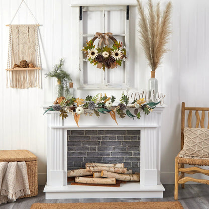 20” Autumn Sunflower, White Pumpkin and Dried Lotus Pod Artificial Fall Wreath with Decorative Bow - Tampa Home & Garden Store