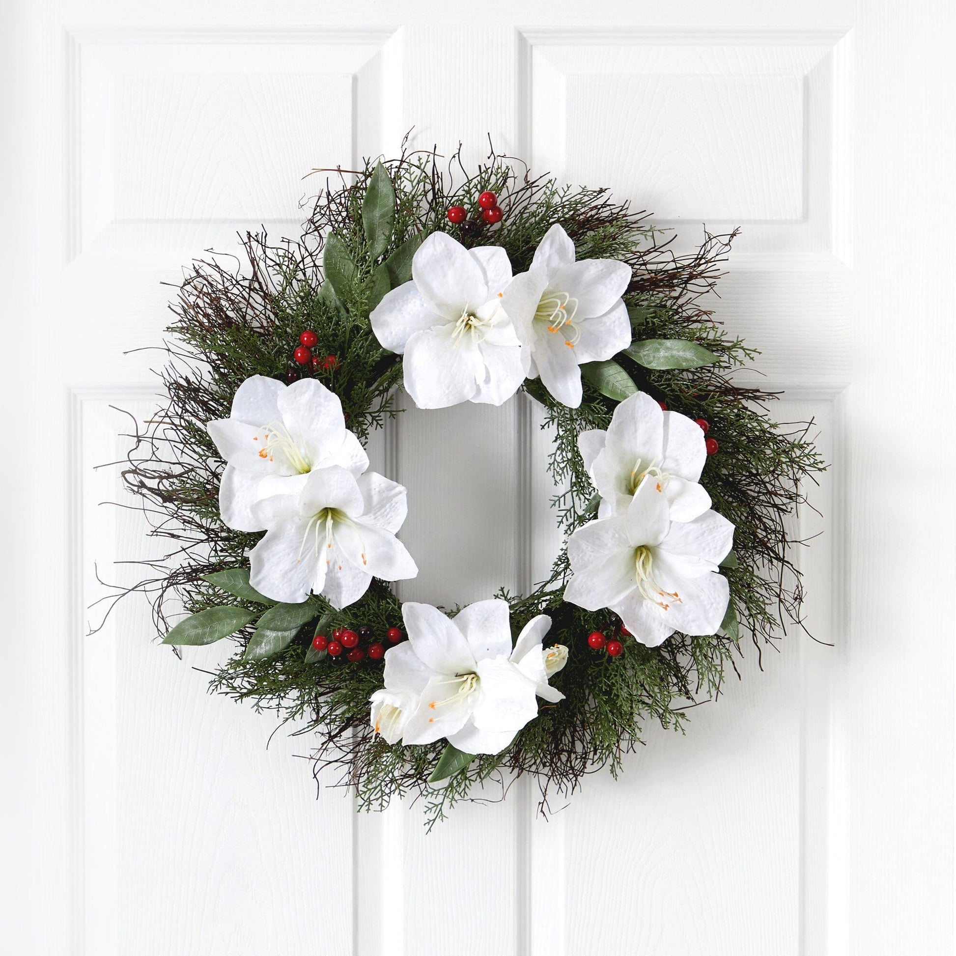 20” Cedar, Amaryllis and Ruscus with Berries Artificial Wreath - Tampa Home & Garden Store