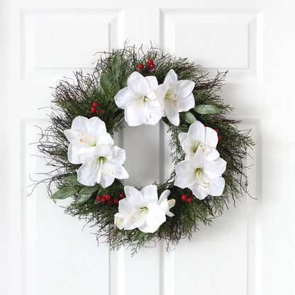 20” Cedar, Amaryllis and Ruscus with Berries Artificial Wreath - Tampa Home & Garden Store