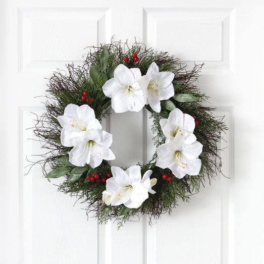 20” Cedar, Amaryllis and Ruscus with Berries Artificial Wreath - Tampa Home & Garden Store