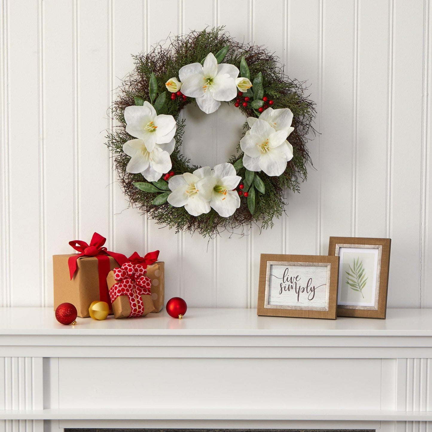 20” Cedar, Amaryllis and Ruscus with Berries Artificial Wreath - Tampa Home & Garden Store