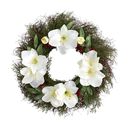 20” Cedar, Amaryllis and Ruscus with Berries Artificial Wreath - Tampa Home & Garden Store