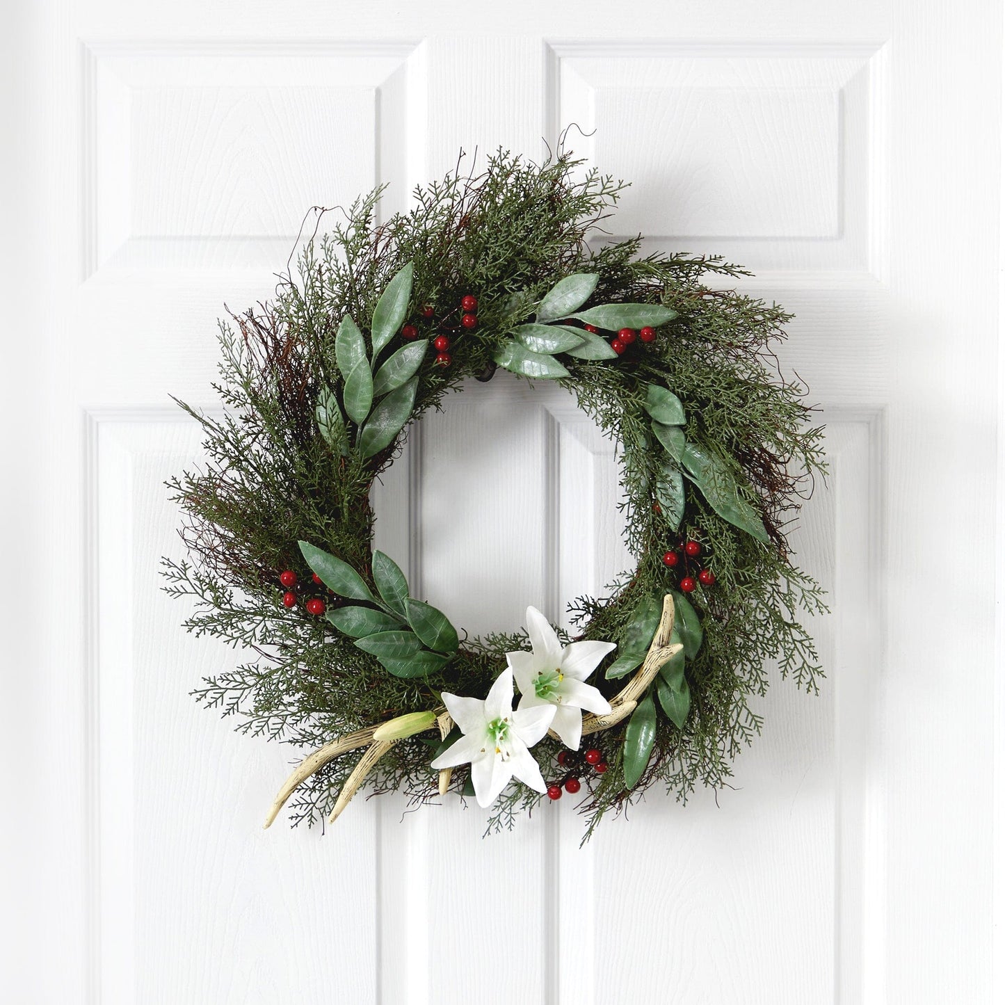 20” Cedar, Antlers, Lily and Ruscus with Berries Artificial Wreath - Tampa Home & Garden Store