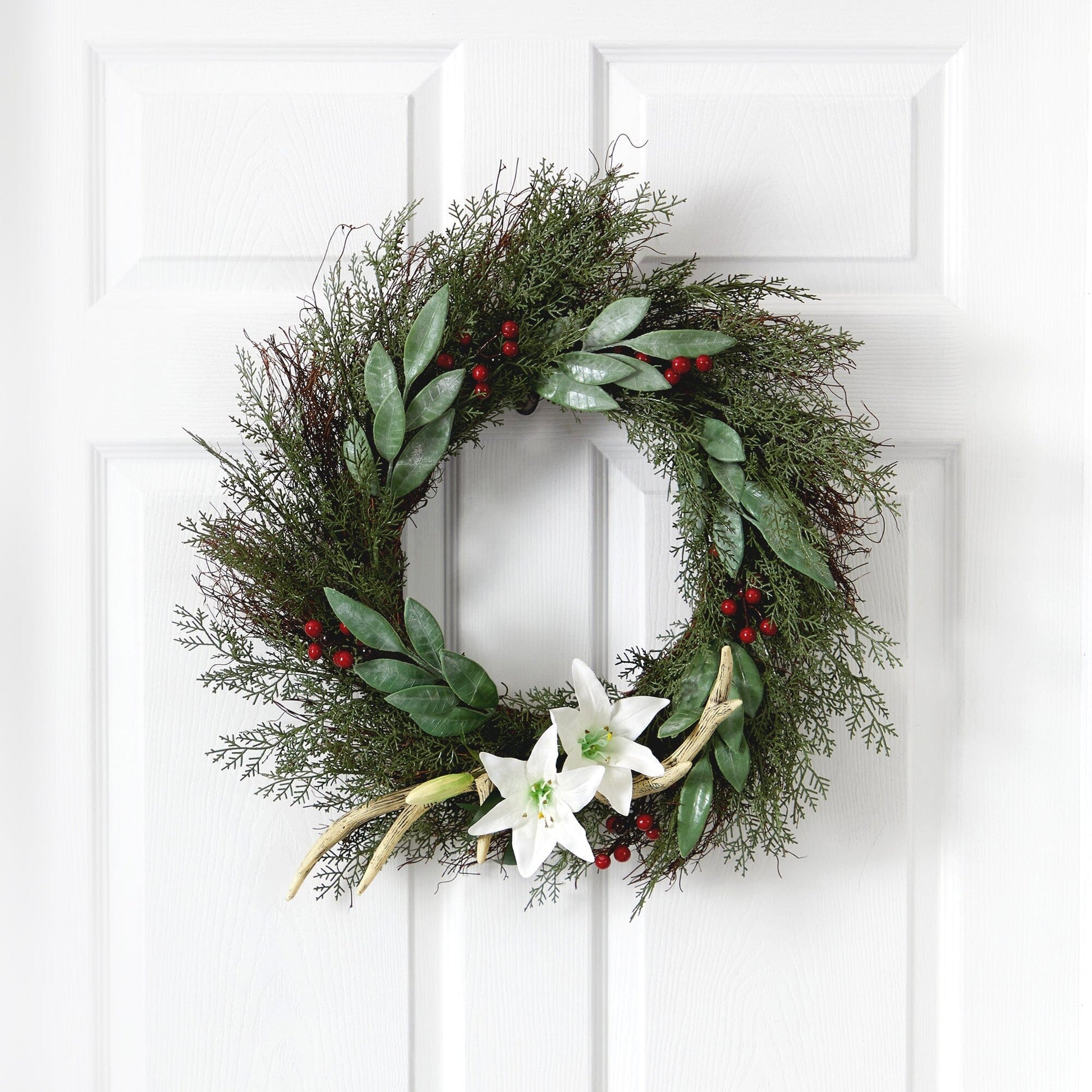 20” Cedar, Antlers, Lily and Ruscus with Berries Artificial Wreath - Tampa Home & Garden Store