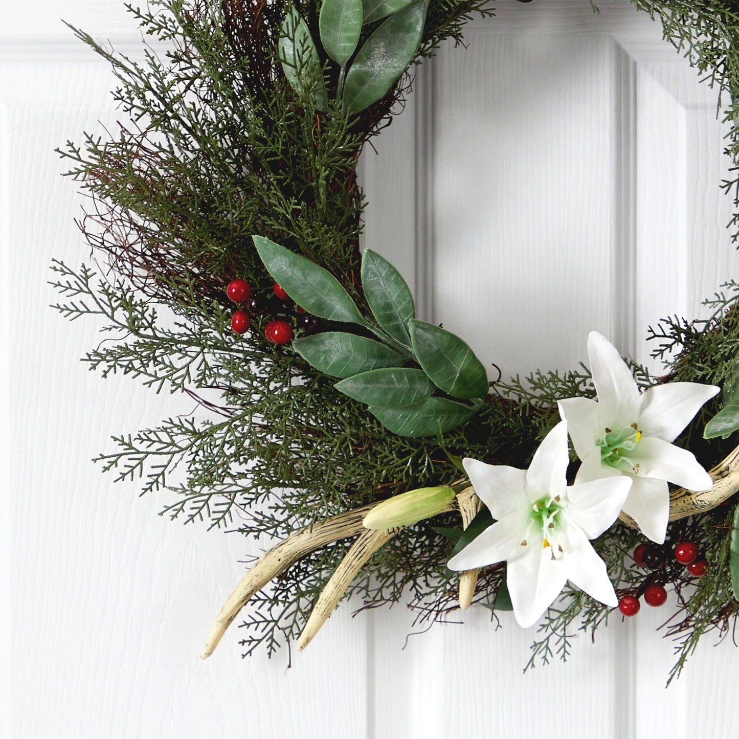 20” Cedar, Antlers, Lily and Ruscus with Berries Artificial Wreath - Tampa Home & Garden Store