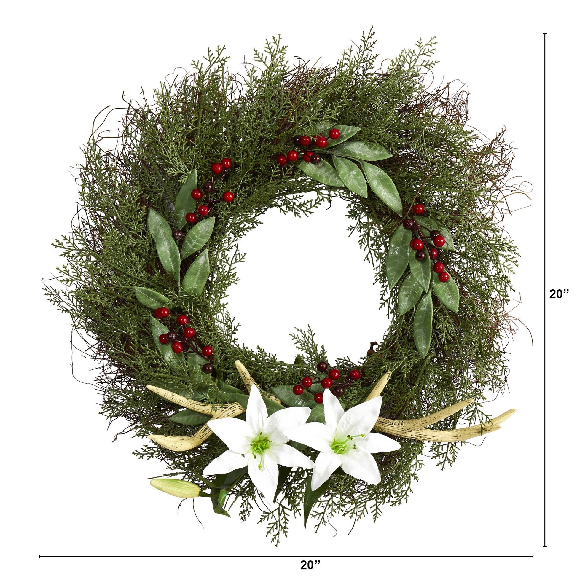 20” Cedar, Antlers, Lily and Ruscus with Berries Artificial Wreath - Tampa Home & Garden Store