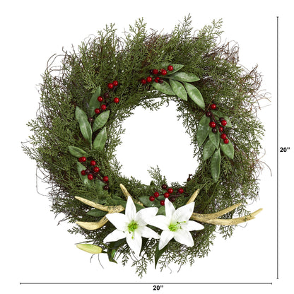 20” Cedar, Antlers, Lily and Ruscus with Berries Artificial Wreath - Tampa Home & Garden Store