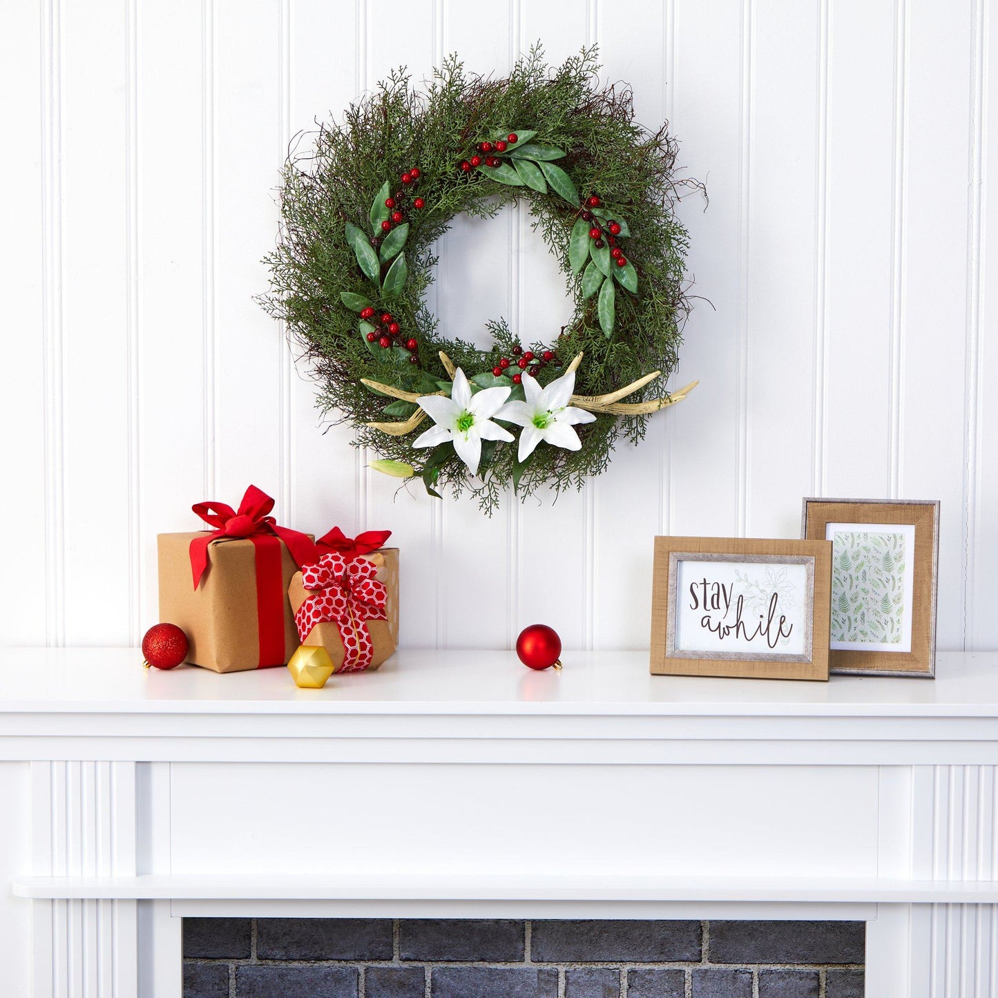 20” Cedar, Antlers, Lily and Ruscus with Berries Artificial Wreath - Tampa Home & Garden Store