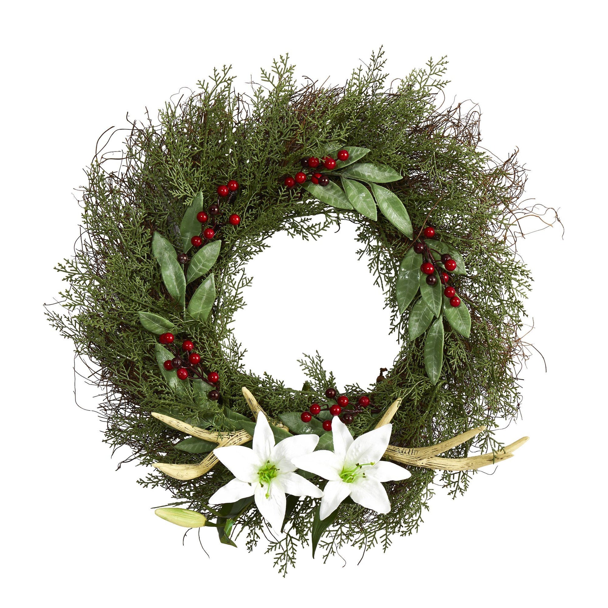 20” Cedar, Antlers, Lily and Ruscus with Berries Artificial Wreath - Tampa Home & Garden Store