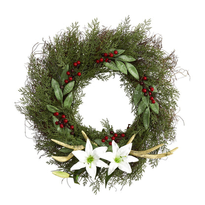 20” Cedar, Antlers, Lily and Ruscus with Berries Artificial Wreath - Tampa Home & Garden Store