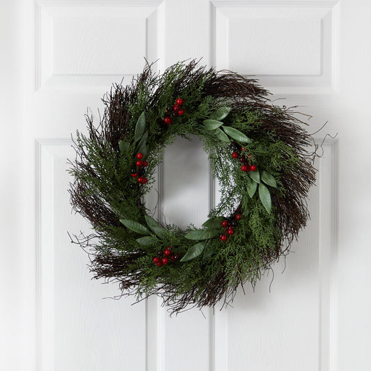 20” Cedar and Ruscus with Berries Artificial Wreath - Tampa Home & Garden Store