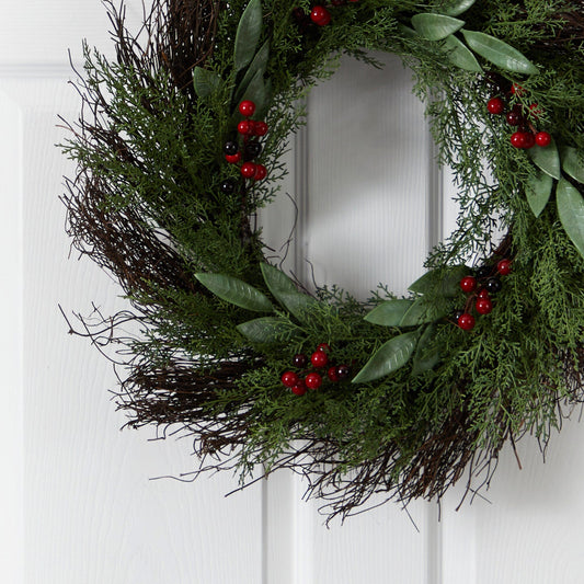 20” Cedar and Ruscus with Berries Artificial Wreath - Tampa Home & Garden Store