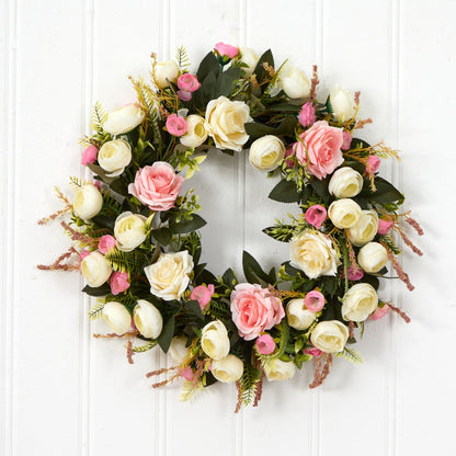 20” White & Pink Rose Artificial Wreath - Tampa Home & Garden Store