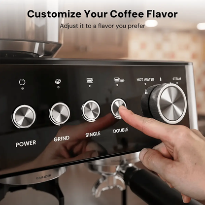 Kismile espresso machine control panel in black with silver knobs hand selects double on Tampa Home & Garden Store